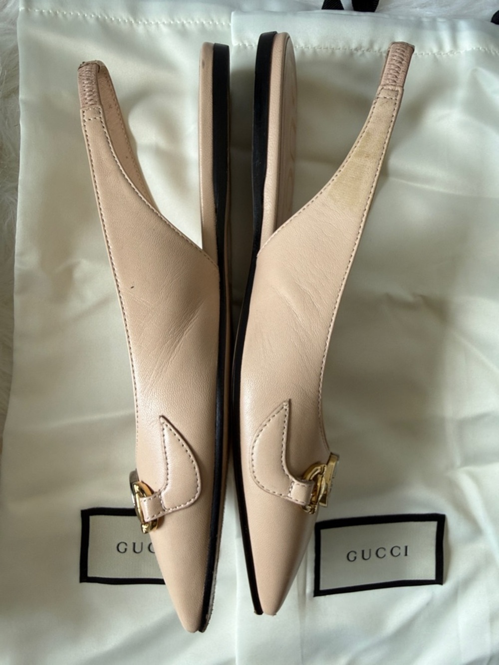 Gucci Blush Leather Pointed Slingback Flat Mules with Gold Double G - Picture 6 of 11